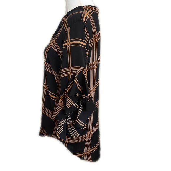 Vince Camuto black & tan plaid ruffle sleeve blouse, v-neck, M - Picture 2 of 7